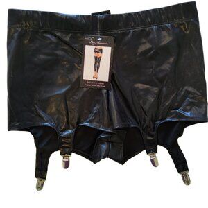 NWT Leg Avenue Costume Panty Shorts w' Attached Garters Black Wet-Look Large